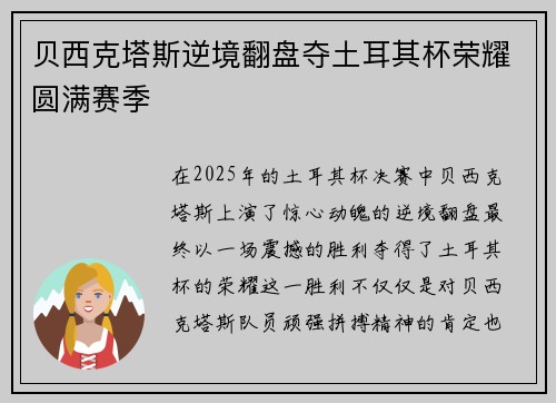 贝西克塔斯逆境翻盘夺土耳其杯荣耀圆满赛季